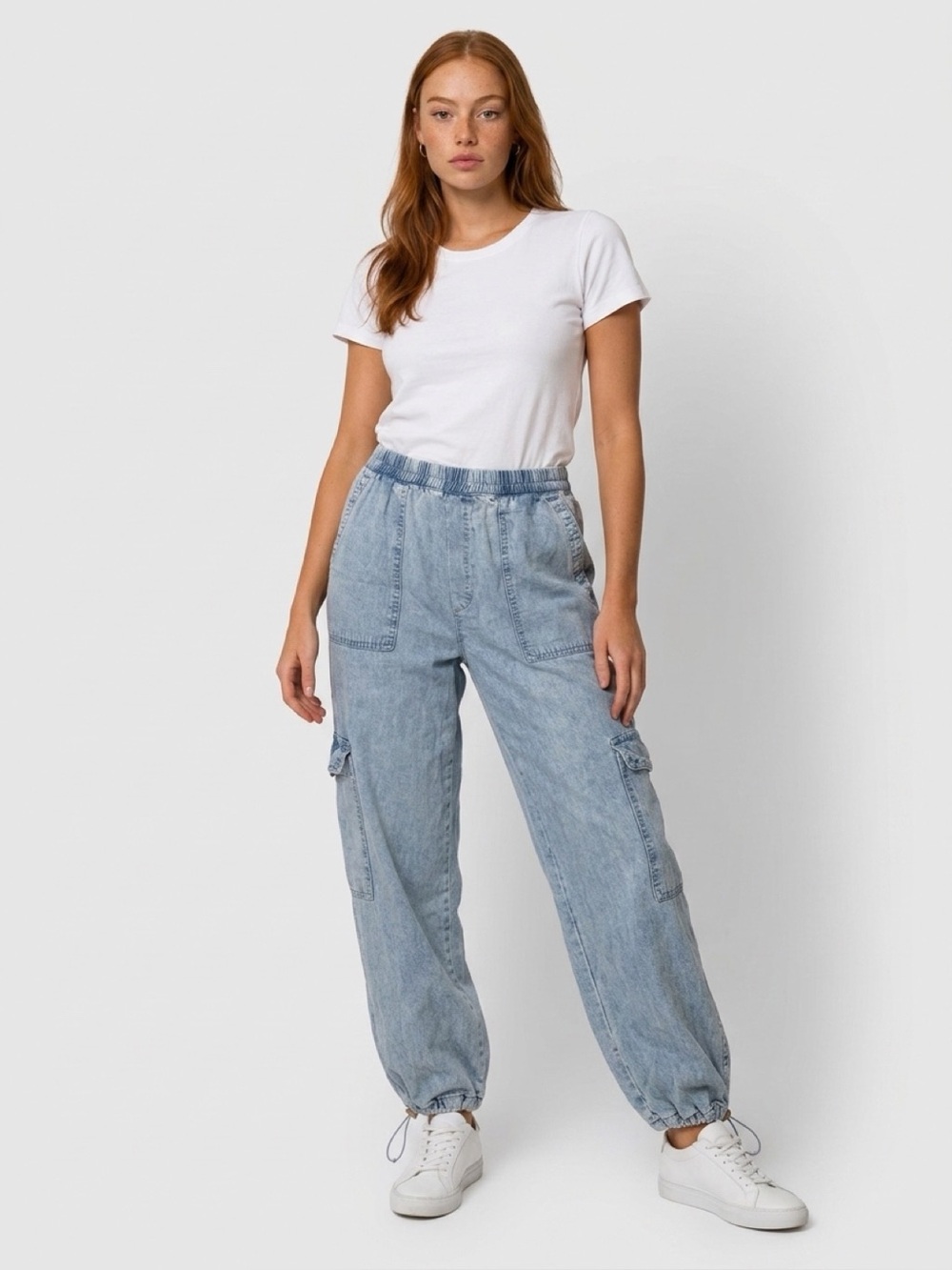 Light Wash Denim Cargo Joggers - Drawstring Hems